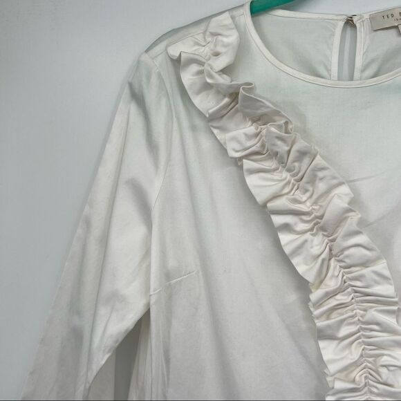 Ted Baker London Quarter Sleeve Keyhole Ruffle Roundneck Slit Vent Blouse - Picture 4 of 14